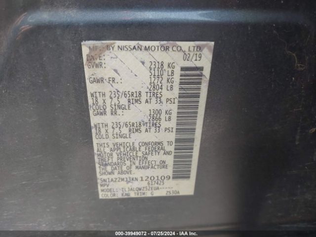 5N1AZ2MJ3KN120109 Nissan MURANO SV