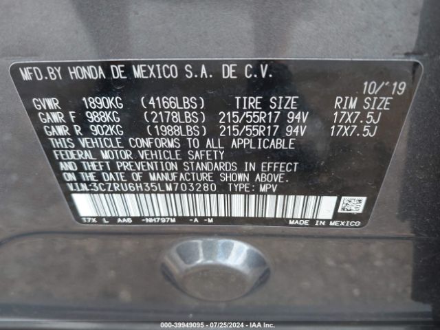 3CZRU6H35LM703280 Honda Hr-v Awd Lx
