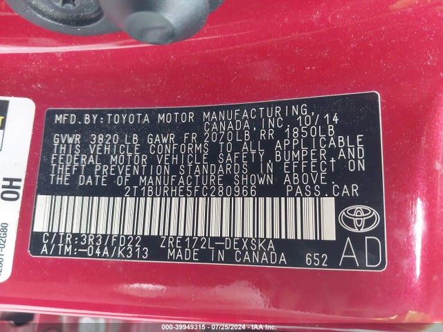 Toyota Corolla S Plus 2015 2T1BURHE5FC280966 Image 9