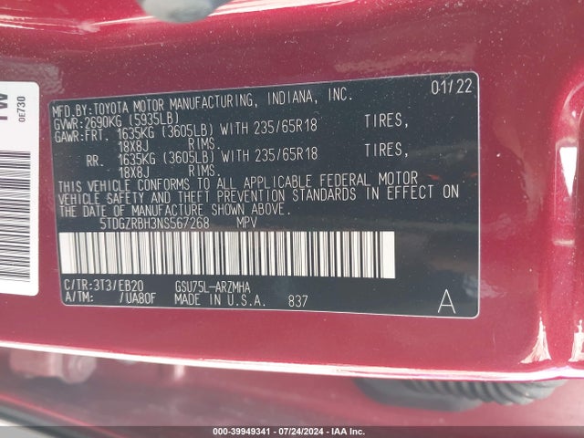 Toyota Highlander Xle 2022 5TDGZRBH3NS567268 Image 9