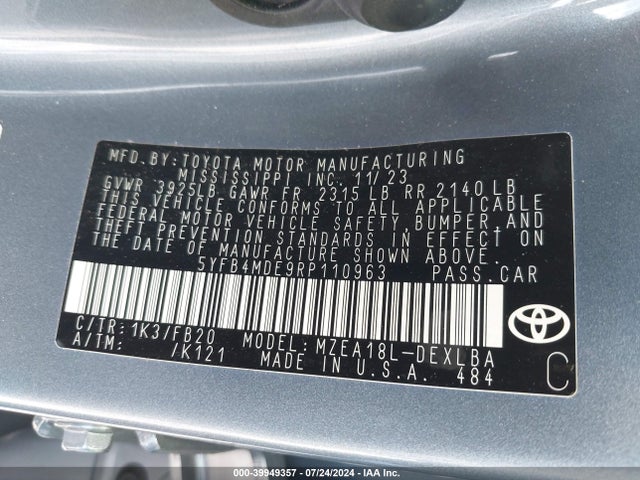 Toyota COROLLA LE 2024 5YFB4MDE9RP110963 Image 9