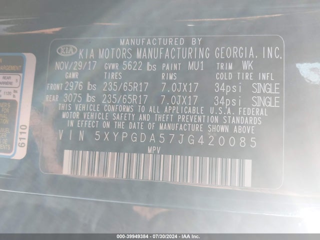KIA Sorento 3.3l Lx 2018 5XYPGDA57JG420085 Image 9
