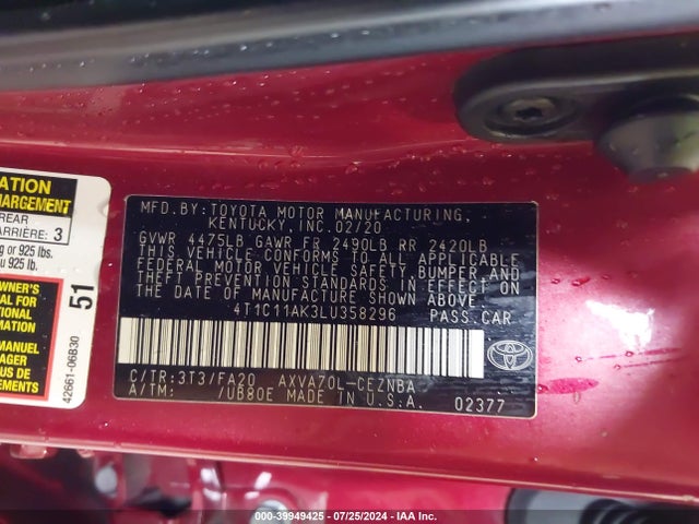 Toyota CAMRY LE 2020 4T1C11AK3LU358296 Image 9