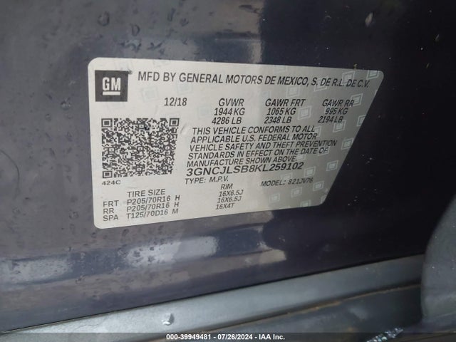 Chevrolet Trax Lt 2019 3GNCJLSB8KL259102 Image 9