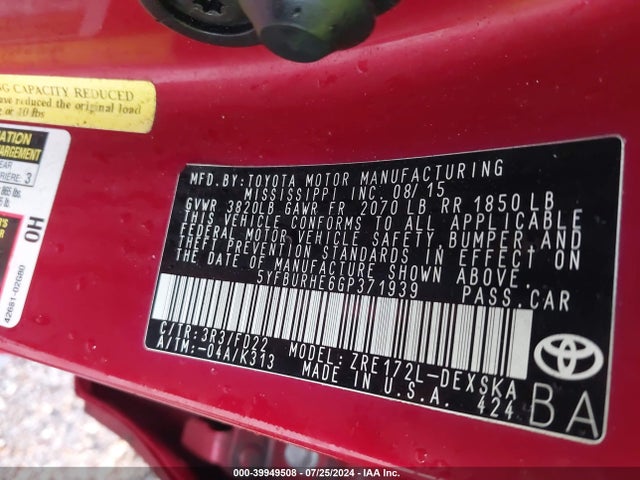 Toyota Corolla S Plus 2016 5YFBURHE6GP371939 Image 9