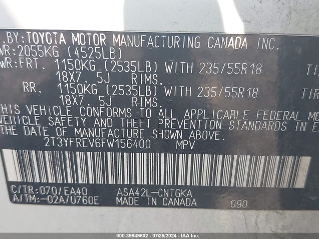 Toyota Rav4 Limited 2015 2T3YFREV6FW156400 Image 9