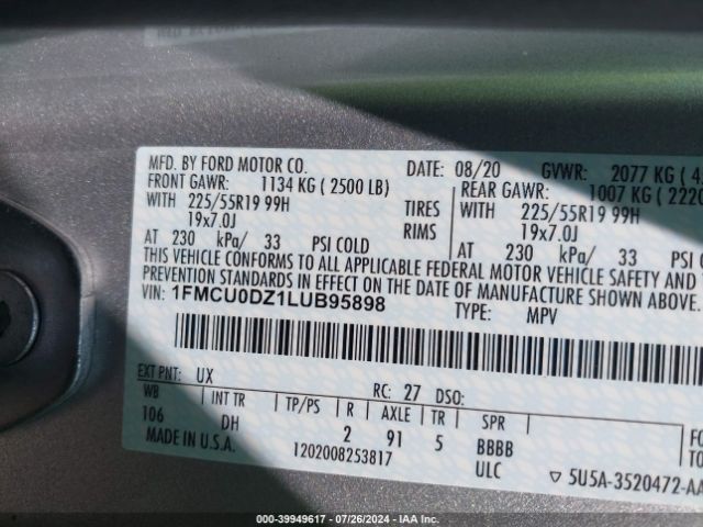 1FMCU0DZ1LUB95898 Ford Escape Titanium Hybrid