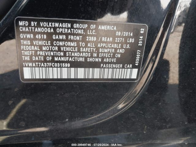 1VWAT7A37FC031599 Volkswagen Passat 1.8t Wolfsburg Edition