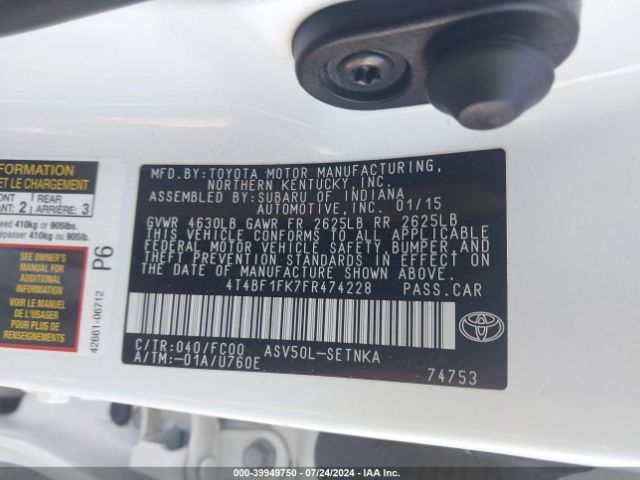 4T4BF1FK7FR474228 Toyota CAMRY LE