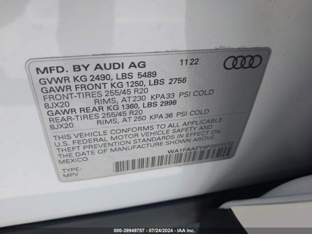 WA1FAAFY4P2071172 Audi Q5 Prestige 45 Tfsi S Line Quattro S Tronic