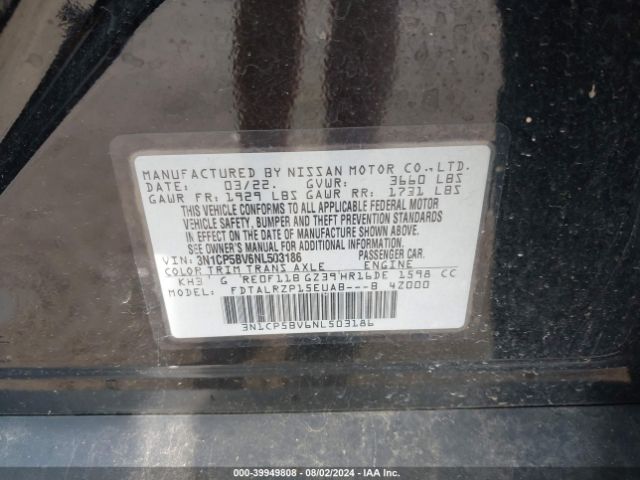 3N1CP5BV6NL503186 Nissan Kicks S Xtronic Cvt