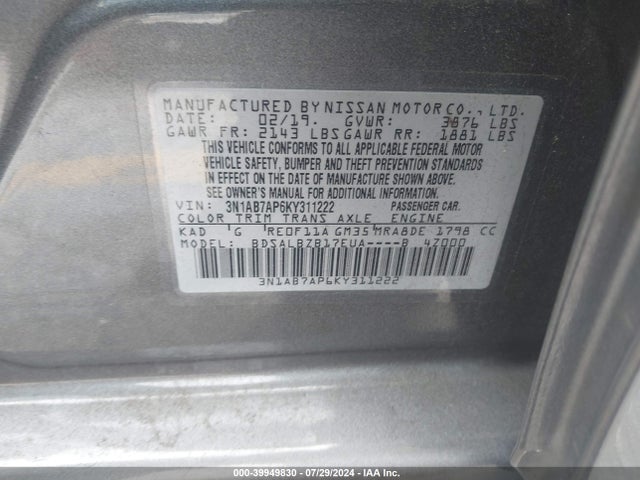 Nissan SENTRA S 2019 3N1AB7AP6KY311222 Image 9