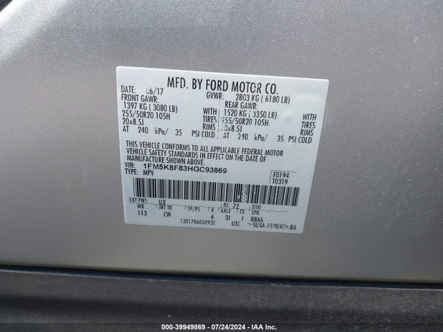 Ford Explorer Limited 2017 1FM5K8F83HGC93869 Image 9