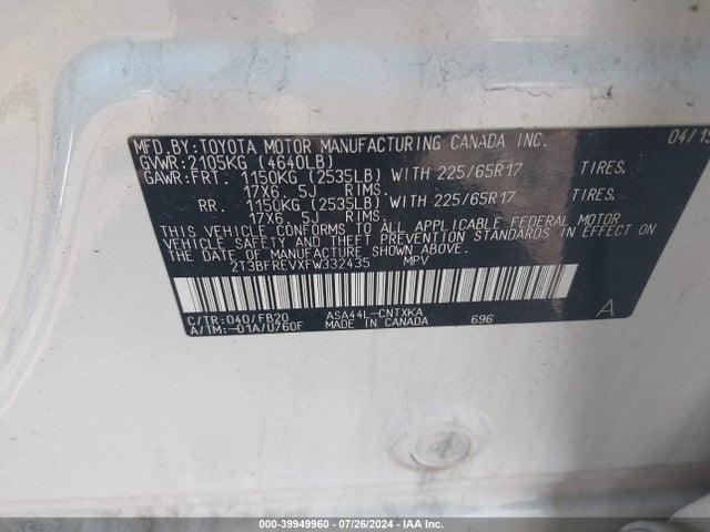 Toyota RAV4 LE 2015 2T3BFREVXFW332435 Image 9