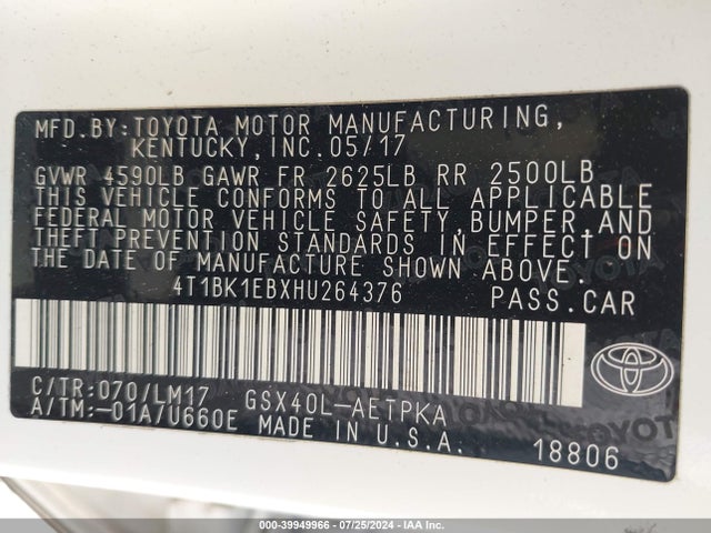 Toyota AVALON LIMITED 2017 4T1BK1EBXHU264376 Image 9