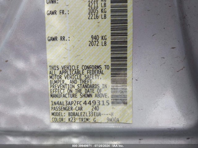 Nissan Altima 2.5 S 2015 1N4AL3AP2FC449315 Image 9