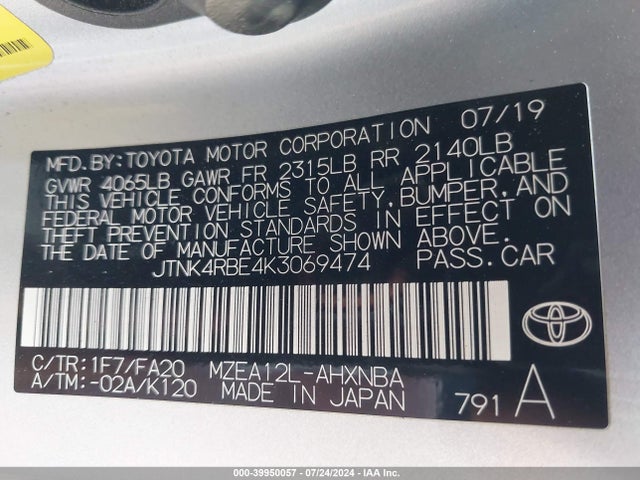 Toyota COROLLA SE 2019 JTNK4RBE4K3069474 Image 9
