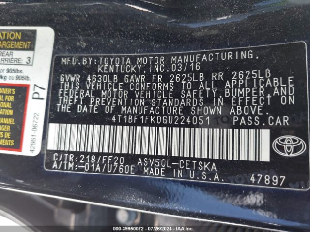 4T1BF1FK0GU224051 Toyota CAMRY LE