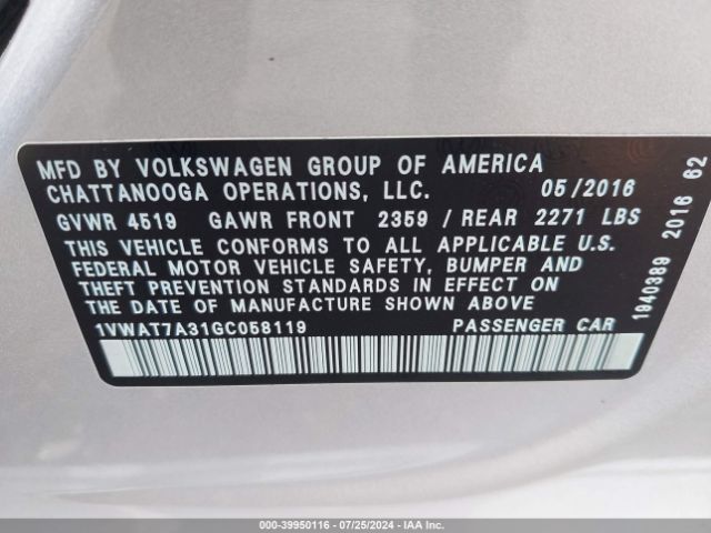 1VWAT7A31GC058119 Volkswagen Passat 1.8t R-line W/comfort Pkg