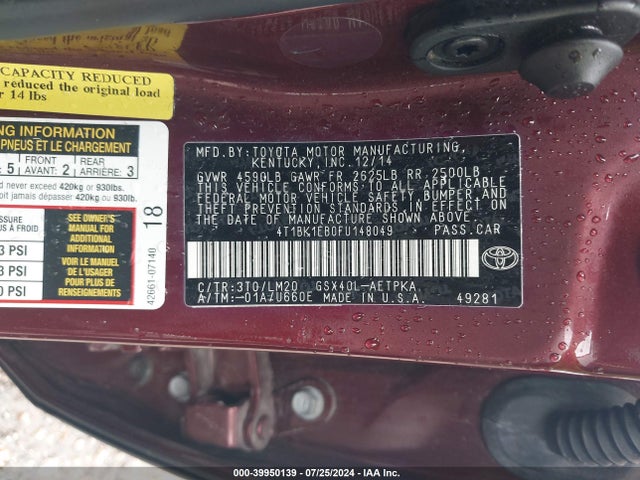 Toyota AVALON LIMITED 2015 4T1BK1EB0FU148049 Image 9