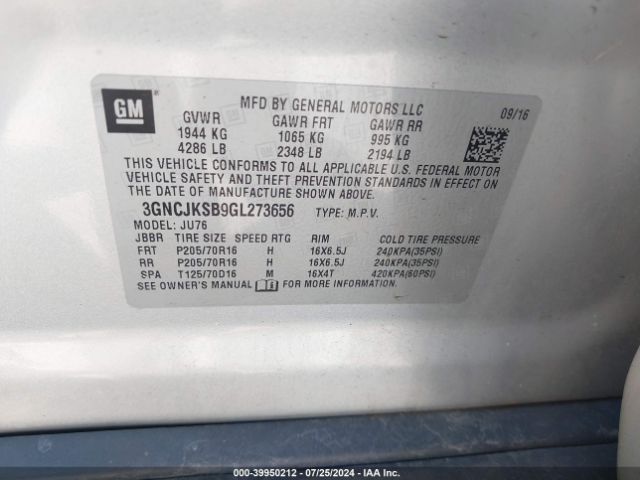 3GNCJKSB9GL273656 Chevrolet Trax 1ls