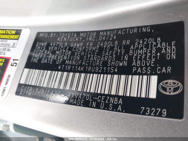 4T1R11AK1RU921154 Toyota CAMRY LE