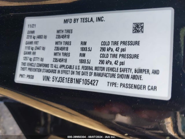 2022 TESLA MODEL 3 5YJ3E1EB1NF105427 Photo 8