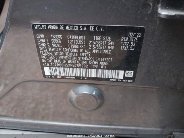 3CZRU6H5XNM755282 Honda Hr-v Awd Ex