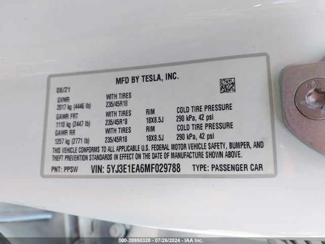 5YJ3E1EA6MF029788 Tesla Model 3 Standard Range Plus Rear-wheel Drive