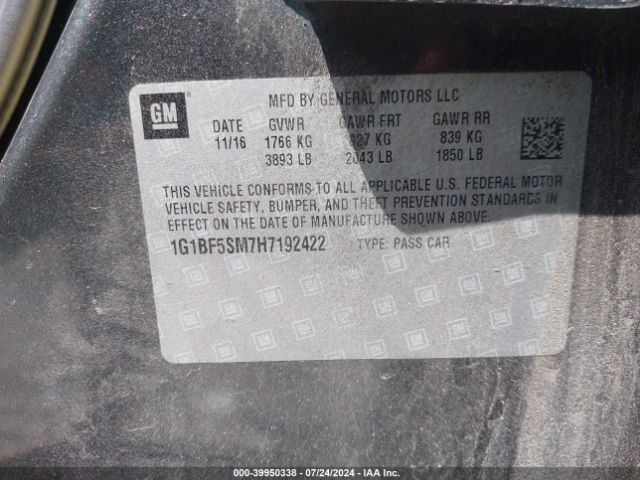 1G1BF5SM7H7192422 Chevrolet Cruze Premier Auto