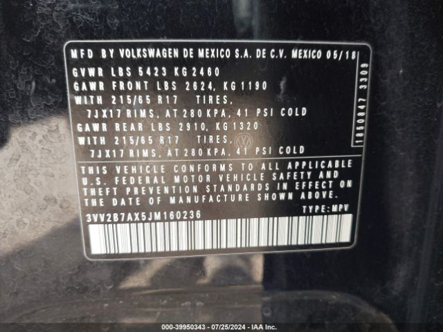 3VV2B7AX5JM160236 Volkswagen Tiguan 2.0t Se/2.0t Sel