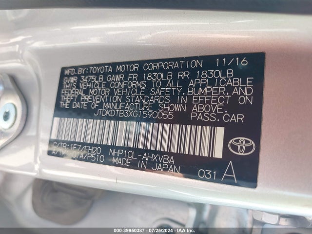 JTDKDTB3XG1590055 Toyota Prius C Four/one/persona Series/three/two
