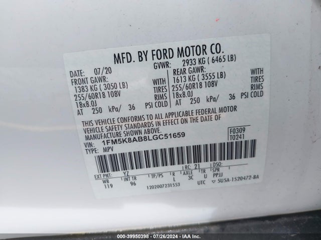 1FM5K8AB8LGC51659 Ford Police Interceptor Utility
