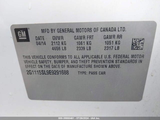 Chevrolet IMPALA 1LT 2014 2G1115SL9E9291688 Image 9