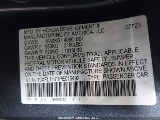19XFL1H71PE016492 Honda Civic Ex-l /ex-l W/o Bsi