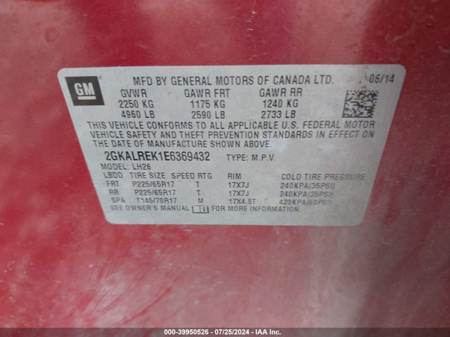 GMC Terrain Sle-2 2014 2GKALREK1E6369432 Image 9