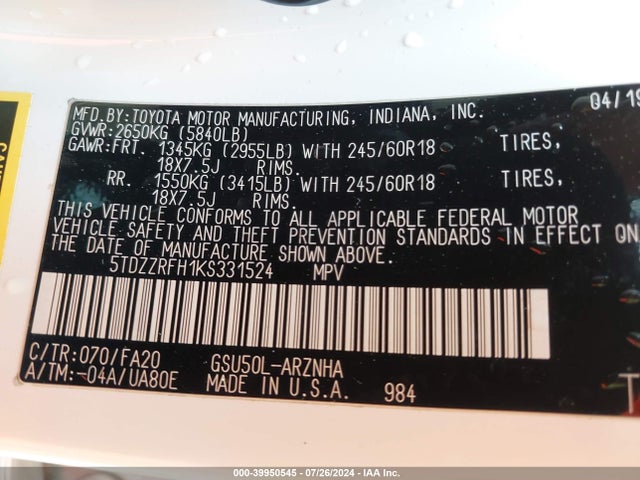Toyota Highlander Le Plus 2019 5TDZZRFH1KS331524 Image 9