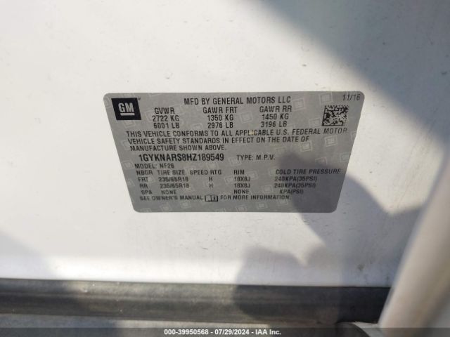 1GYKNARS8HZ189549 Cadillac Xt5 Standard