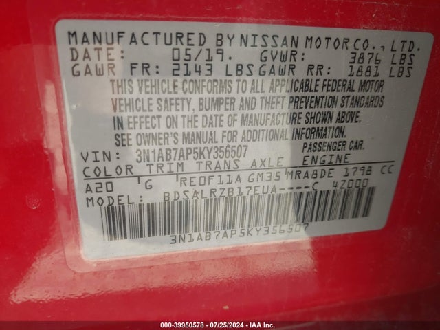 Nissan SENTRA SR 2019 3N1AB7AP5KY356507 Image 9