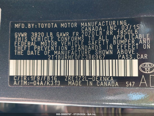Toyota COROLLA LE 2015 2T1BURHE0FC386967 Image 9