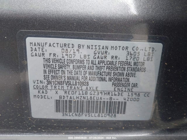 Nissan Versa Sr Xtronic Cvt 2020 3N1CN8FV5LL810928 Image 9