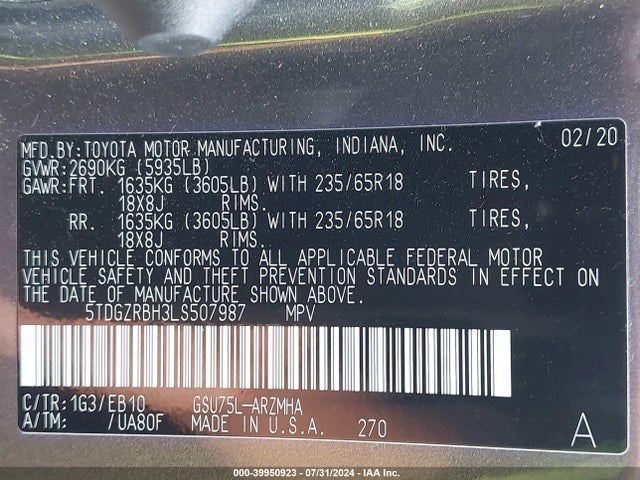 Toyota Highlander Xle 2020 5TDGZRBH3LS507987 Image 9