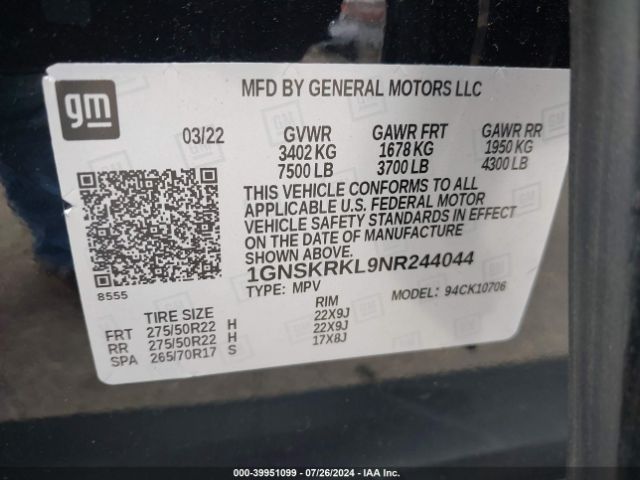 1GNSKRKL9NR244044 Chevrolet Tahoe 4wd Rst