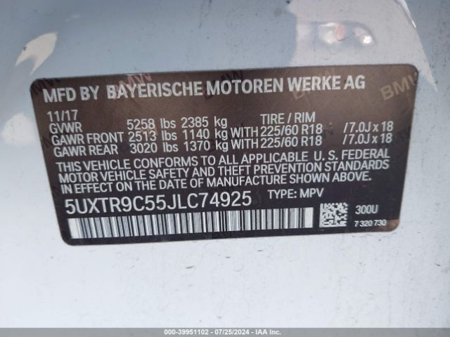 5UXTR9C55JLC74925 BMW X3 Xdrive30i