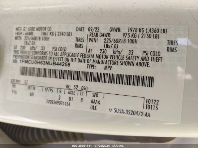 1FMCU0H63NUB44258 Ford ESCAPE SEL