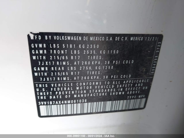 3VV1B7AX4NM061036 Volkswagen Tiguan 2.0t S