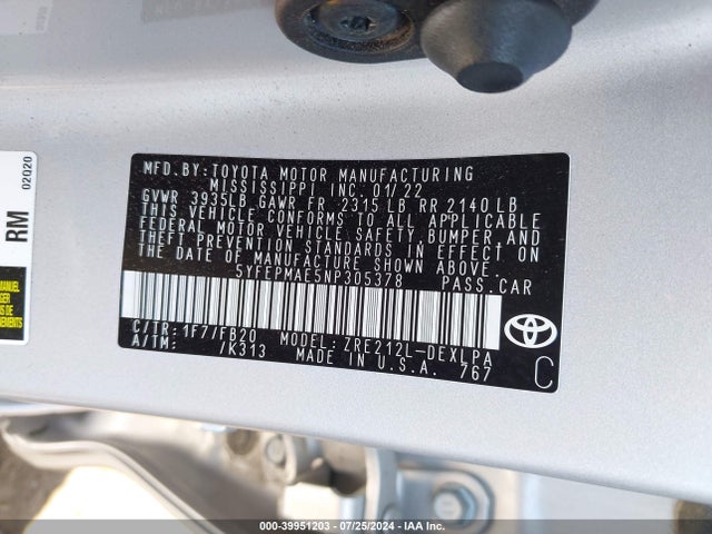 Toyota COROLLA LE 2022 5YFEPMAE5NP305378 Image 9