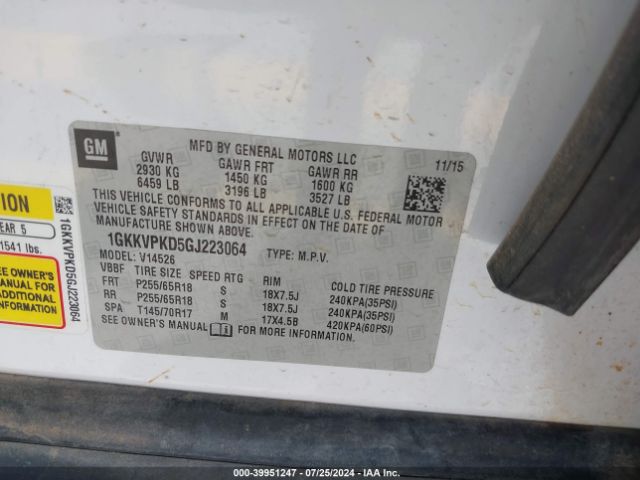 1GKKVPKD5GJ223064 GMC Acadia Sle-2