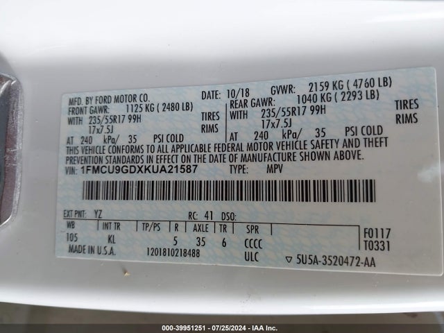 Ford ESCAPE SE 2019 1FMCU9GDXKUA21587 Image 9