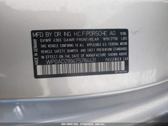 2007 PORSCHE 911 WP0AD29947S784431 Photo 8